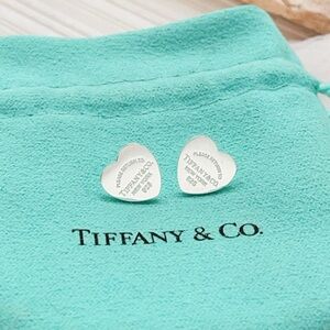 Tiffany & Co. Sterling Heart Stud Earrings with Turquoise Pouch